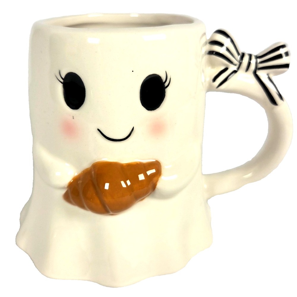 Cute Ghost Mug Croissant Black White Bow Ceramic Halloween Coffee Cup New